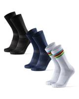 DANISH ENDURANCE Calzini da Ciclismo Uomo, Traspiranti e Imbottite, Calze ciclismo per Bici, MTB e Spinning, per Uomo e Donna, 3 o 5 Paia, Multicolore (1 x Bianco/A Righe, 1 x Nero, 1 x Blu), 43-47